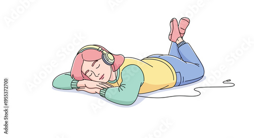 Woman lying down with headphones on.