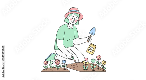 Woman Gardening with Shovel and Flowers.