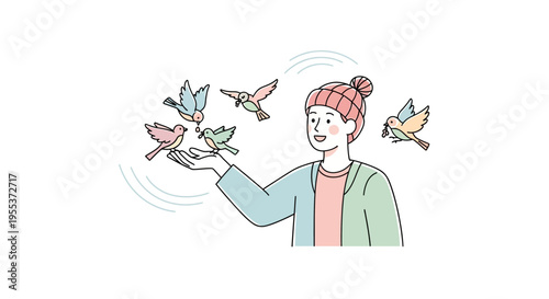 Woman releasing colorful birds from hand.