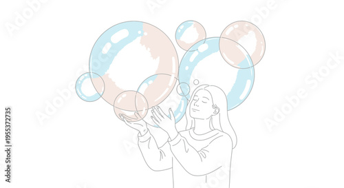 Woman Holding Colorful Iridescent Bubbles.