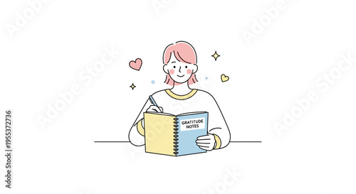 Woman reading a colorful spiral notebook.