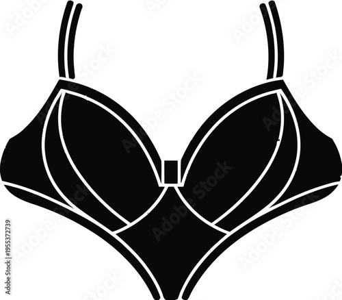 A minimalist black and white graphic illustration featuring a stylized women's brassiere design isolated on white background, Vector, illustration