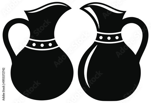 A high contrast illustration featuring two identical black ceramic pitchers facing each other isolated on white background, Vector, illustration