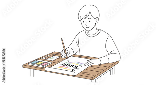Boy writing in notebook with pencil.