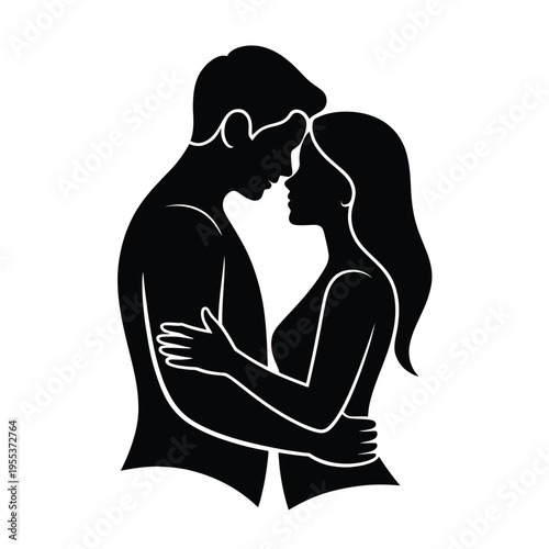 A minimalist black silhouette illustration of a romantic couple embracing with gentle affection isolated on white background, Vector, illustration