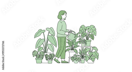 Woman standing among potted houseplants indoor.
