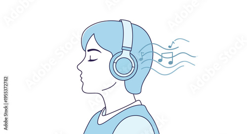 Woman wearing headphones listening music.