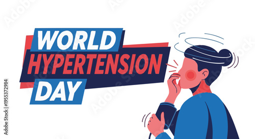 Woman with hypertension symptoms on World Hypertension Day in flat illustration style with vibrant colors for health awareness campaign
