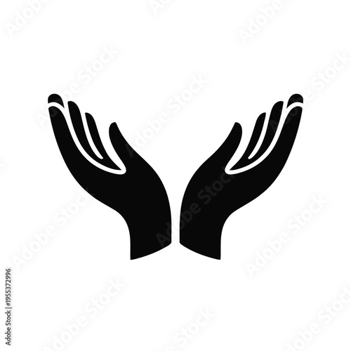 A minimalist black silhouette icon representing two open hands held together in a gesture of care isolated on white background, Vector, illustration