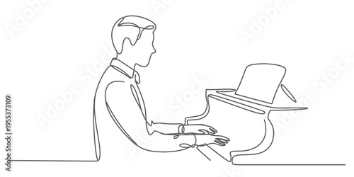 A minimalist single line drawing illustration of a male musician playing a grand piano instrument Vector, illustration