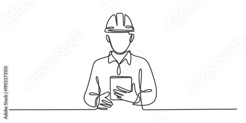 Continuous line drawing of a construction worker wearing a safety helmet and holding a tablet Vector, illustration