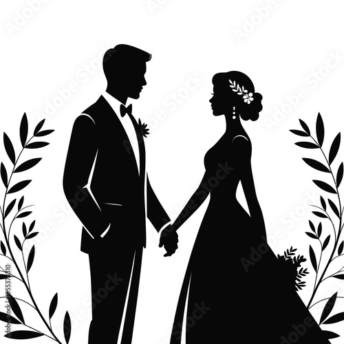 A beautiful black and white silhouette illustration of a bride and groom holding hands together isolated on white background, Vector, illustration