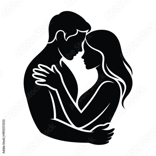 A minimalist black silhouette illustration of a romantic couple embracing with gentle affection isolated on white background, Vector, illustration