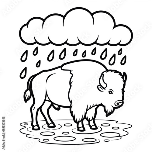A cute cartoon bison standing in a rainy puddle under a big cloud for kids to color in for fun isolated on white background, Vector, illustration