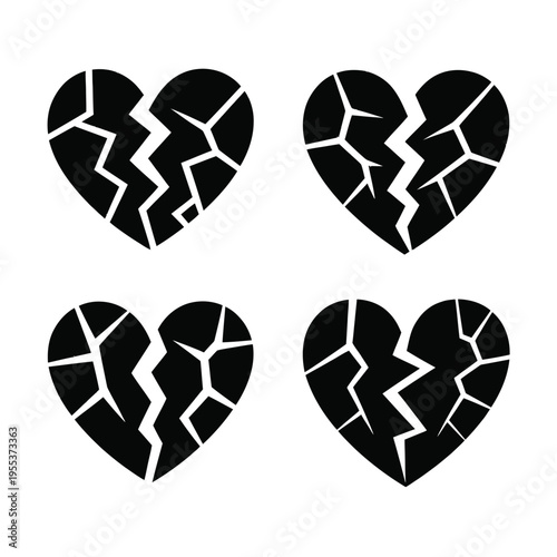 A collection of four distinct black silhouette icons depicting broken hearts with jagged cracks isolated on white background, Vector, illustration