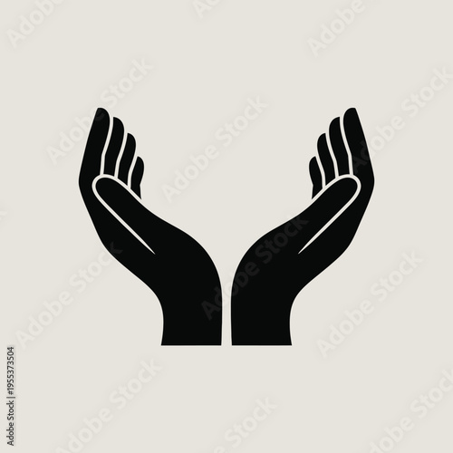 A minimalist black silhouette icon representing two open hands cupped together for care and support isolated on white background, Vector, illustration