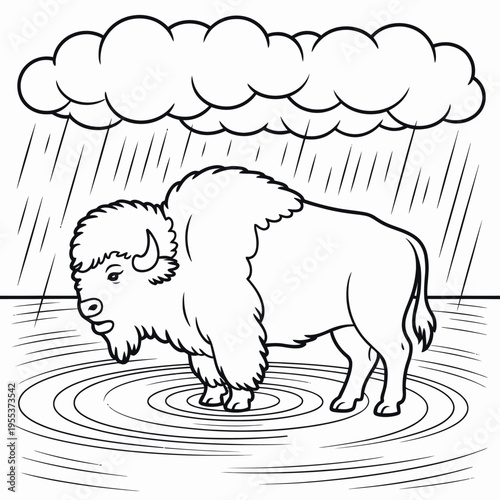 A cute cartoon bison standing in a puddle under a rainy cloud for children to color at home now isolated on white background, Vector, illustration