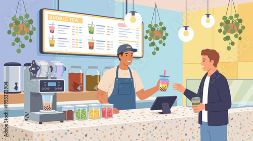 This image captures a lively bubble tea shop scene where a customer orders a colorful drink, embodying modern café culture and the joy of delicious refreshments in social settings.