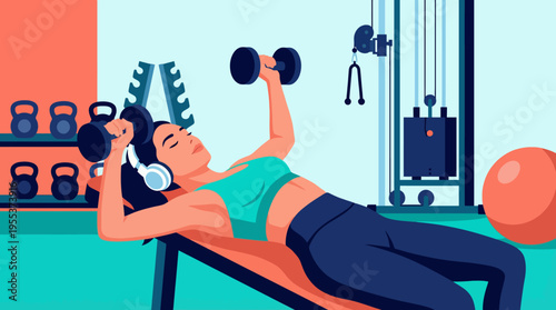 A woman exercises by lifting dumbbells on a bench, emphasizing fitness and strength while wearing headphones, showcasing the essence of a dedicated workout routine.