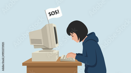 A young individual frantically types on an old computer while holding an SOS flag, illustrating a sense of urgency and the quest for assistance in a digital age.