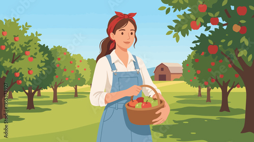 A cheerful woman gathering apples from trees in a sunny orchard, representing the beauty of rural life and the joy of harvest season in a serene agricultural landscape.