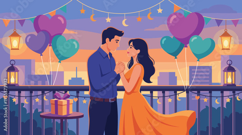 An enchanting scene of a couple gazing into each other's eyes against a backdrop of a beautiful sunset, surrounded by decorations and a gift, representing romance and connection.