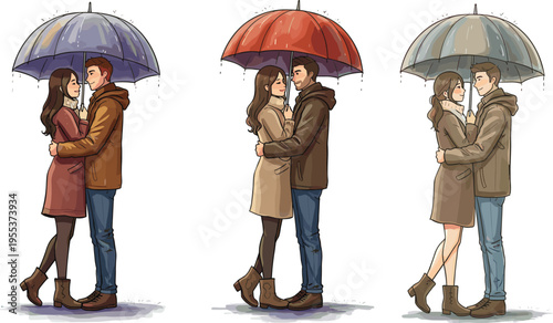Romantic couple illustration, umbrella love scene, rainy day embrace, cozy fashion outfit, emotional moment, vector art, seasonal relationship concept