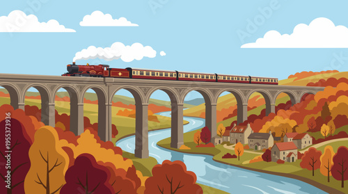 A vintage train travels over a beautiful viaduct surrounded by autumn foliage, highlighting the charm of landscape travel and nostalgic railway experiences.