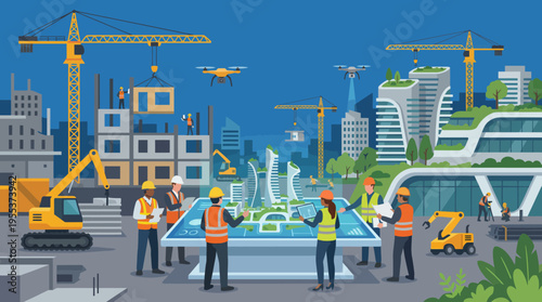 An illustration showing construction workers collaborating and planning a modern building project, highlighting teamwork, innovation, and the essence of urban development and construction.