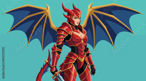 A fierce female warrior clad in red armor with dragon wings, representing strength and resilience in a powerful fantasy setting that captivates the imagination.
