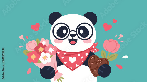 A delightful panda holds flowers and a chocolate heart, conveying joy and affection. This cheerful scene evokes feelings of love and happiness, perfect for gifts.