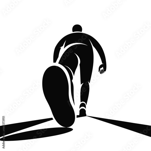 A high contrast minimalist black and white graphic illustration of a person walking forward alone isolated on white background, Vector, illustration