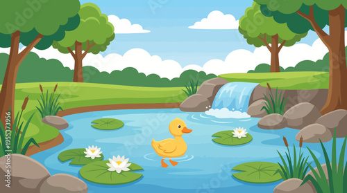 A serene pond scene features a cute duck swimming among lily pads, surrounded by lush green trees, representing tranquility and the beauty of nature in a cartoonish style.