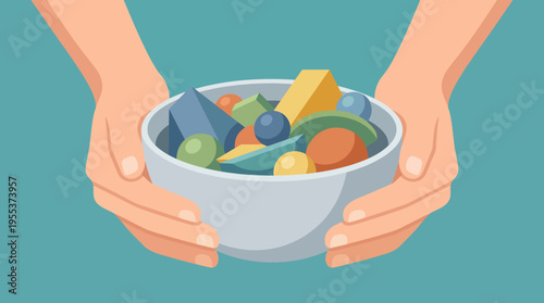 A bowl filled with colorful geometric shapes of fresh vegetables, representing health, nutrition, and vibrant colors, perfect for promoting healthy eating in a fun style.