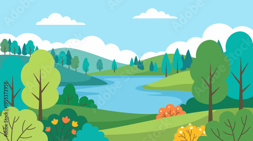 This vibrant landscape showcases rolling green hills and a peaceful lake, inviting viewers to appreciate nature's beauty and the tranquility it provides in a stylized form.