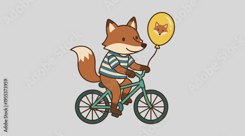 A cute fox rides a bike joyfully while holding a balloon, embodying fun, adventure, and whimsy in a cartoon style, ideal for children's art and playful illustrations.