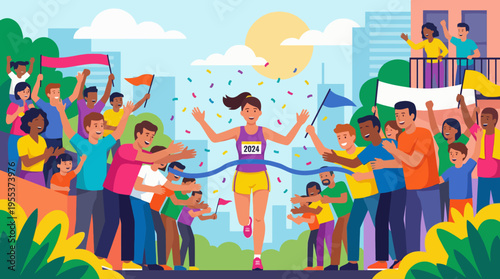 An energetic scene depicting a runner crossing the finish line amidst a cheering crowd, celebrating achievement, perseverance, and the spirit of competition in an outdoor setting.