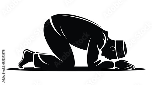 A minimalist black silhouette of a muslim man performing the prostration posture during prayer isolated on white background, Vector, illustration