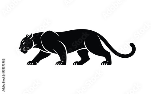 A minimalist black silhouette of a sleek panther prowling forward on a clean white background isolated on white background, Vector, illustration