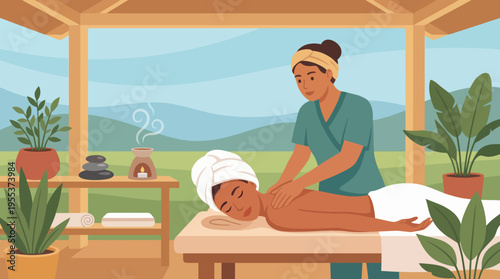 A tranquil setting where a therapist provides a soothing massage to a client, blending elements of wellness and nature for a serene, rejuvenating experience.
