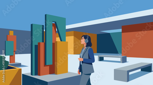 A woman explores a modern art gallery filled with colorful abstract sculptures while wearing headphones, showcasing art's connection to personal experience and culture.