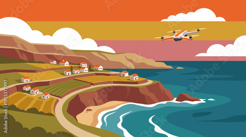 A drone captures stunning aerial views of a picturesque coastal landscape filled with charming houses, mountains, and ocean, celebrating technology and nature's beauty.