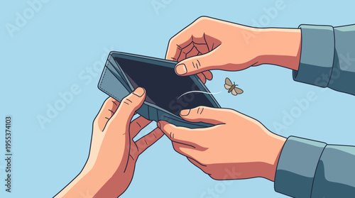 A person checks their nearly empty wallet, reflecting the emotional weight of financial hardship and the impact it has on individual well-being and lifestyle choices.