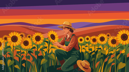 A serene scene of a woman in a hat kneeling among vibrant sunflowers, appreciating their beauty during a colorful sunset, capturing the essence of nature and tranquility.