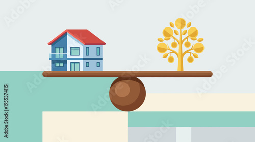 A visually striking image balancing a house and a tree, illustrating the importance of harmony between nature and human living environments in modern design concepts.