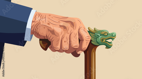 The image showcases a close-up of a hand grasping a cane topped with a dragon handle, symbolizing power, wisdom, and age, conveying a blend of tradition and artistry.