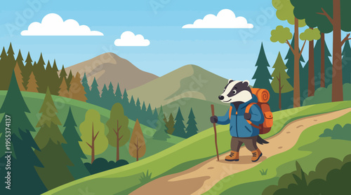A badger in hiking gear walks on a trail through picturesque mountains and lush green trees, embodying the spirit of adventure in nature's tranquility.