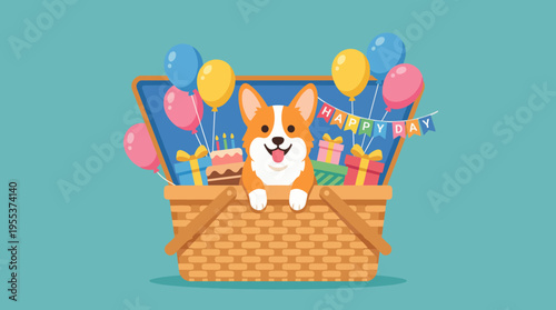 A happy corgi peeks out from a picnic basket filled with colorful balloons and gifts, creating a joyful and festive atmosphere for celebrations and special occasions.