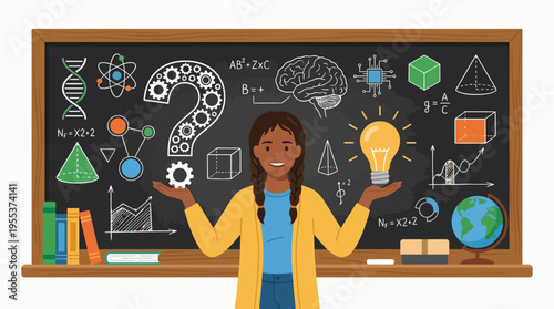 A young scientist joyfully presents innovative ideas in front of a chalkboard filled with scientific symbols, representing discovery and intellectual curiosity in learning.