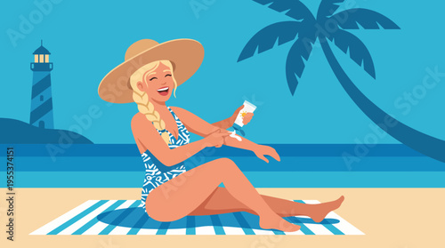 A cheerful woman seated on a beach mat applies sunscreen while laughing, set against a beautiful background of palm trees, a lighthouse, and the ocean waves.